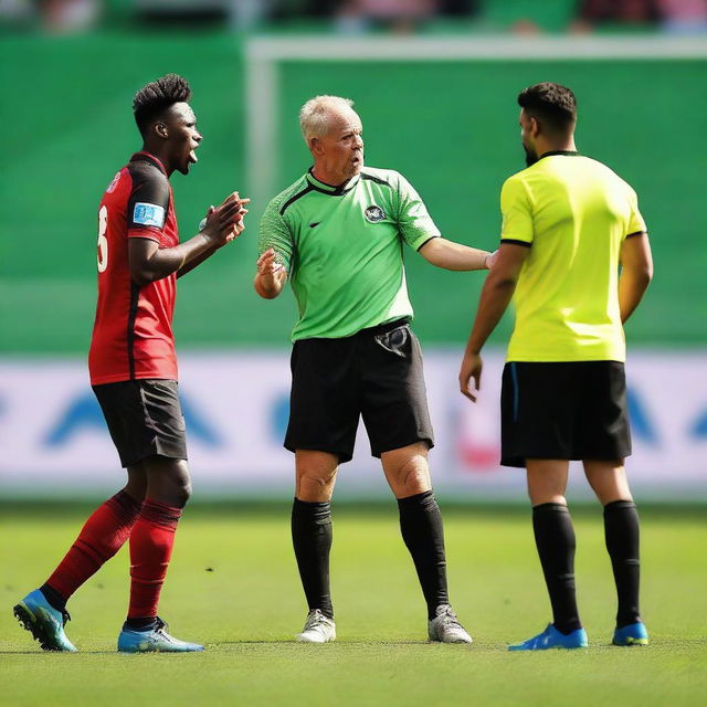 A passionate soccer player in mid-action, emotionally arguing with a stern-looking referee on a vibrant green football pitch.