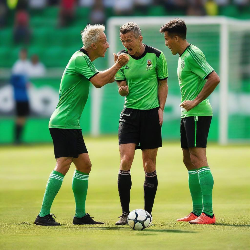 A passionate soccer player in mid-action, emotionally arguing with a stern-looking referee on a vibrant green football pitch.