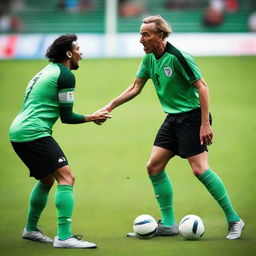 A passionate soccer player in mid-action, emotionally arguing with a stern-looking referee on a vibrant green football pitch.