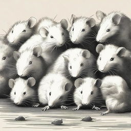 A solemn scene of a weak rat surrounded by its empathetic companions, expressing their sympathy and concern.