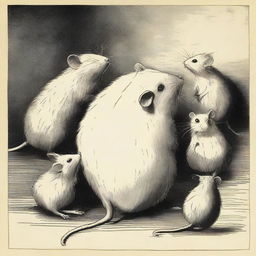 A solemn scene of a weak rat surrounded by its empathetic companions, expressing their sympathy and concern.