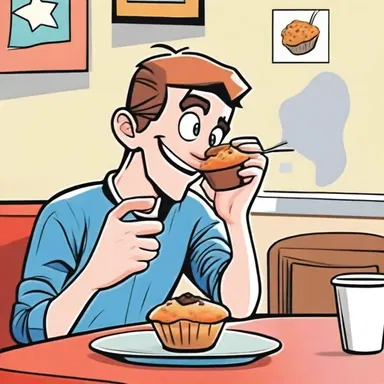 In the comic book, the character enjoys eating a delicious muffin for breakfast.