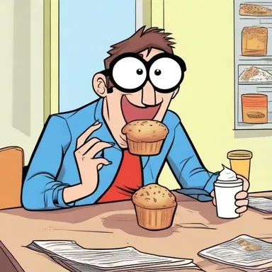 In the comic book, the character enjoys eating a delicious muffin for breakfast.