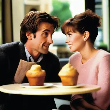 The romantic comedy movie featured a scene where the main characters shared a muffin at a café.