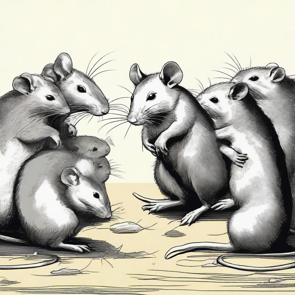 A solemn scene of a weak rat surrounded by its empathetic companions, expressing their sympathy and concern.