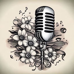 A vintage microphone surrounded by musical notes and daisies in a traditional tattoo design.