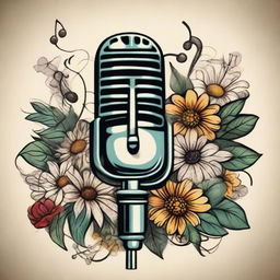 A vintage microphone surrounded by musical notes and daisies in a traditional tattoo design.