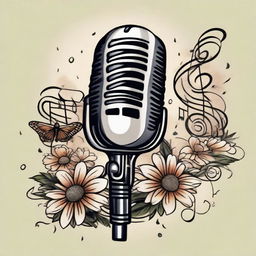 A vintage microphone surrounded by musical notes and daisies in a traditional tattoo design.