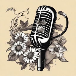 A vintage microphone surrounded by musical notes and daisies in a traditional tattoo design.