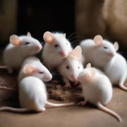 A touching scene where a departed rat is surrounded by fellow rats, expressing their grief and sympathy amidst the soft light.