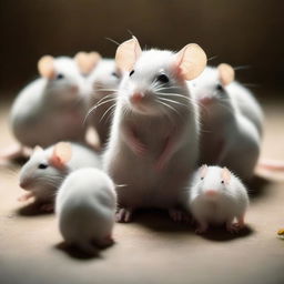 A touching scene where a departed rat is surrounded by fellow rats, expressing their grief and sympathy amidst the soft light.