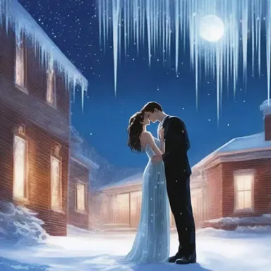 Under the moonlight, they shared a passionate kiss beneath the shimmering icicles hanging from the rooftop.