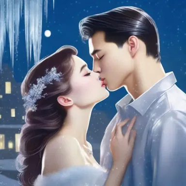 Under the moonlight, they shared a passionate kiss beneath the shimmering icicles hanging from the rooftop.