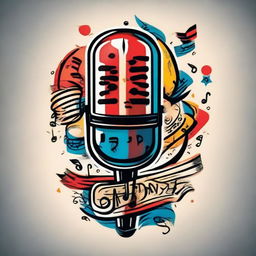 Traditional old-school tattoo design featuring a microphone and musical notes, with vibrant primary colors.