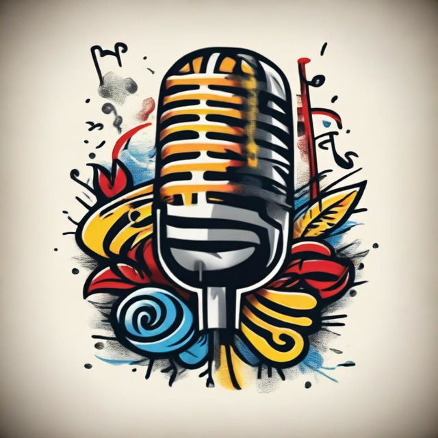 Traditional old-school tattoo design featuring a microphone and musical notes, with vibrant primary colors.