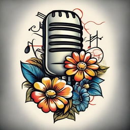 A traditional oldschool tattoo design featuring a vintage microphone, musical notes, and two daisies, all rendered in primary colors.