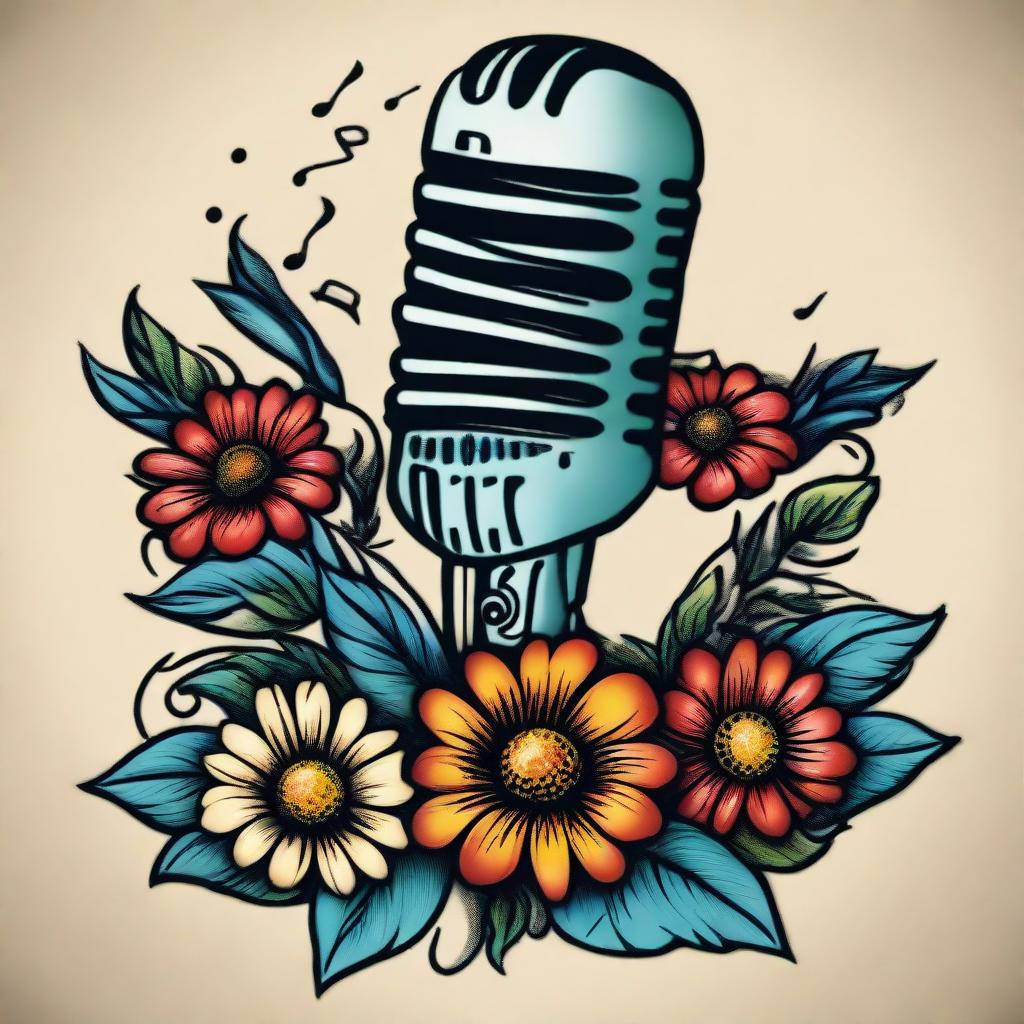 A traditional oldschool tattoo design featuring a vintage microphone, musical notes, and two daisies, all rendered in primary colors.