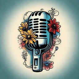 A traditional oldschool tattoo design featuring a vintage microphone, musical notes, and two daisies, all rendered in primary colors.