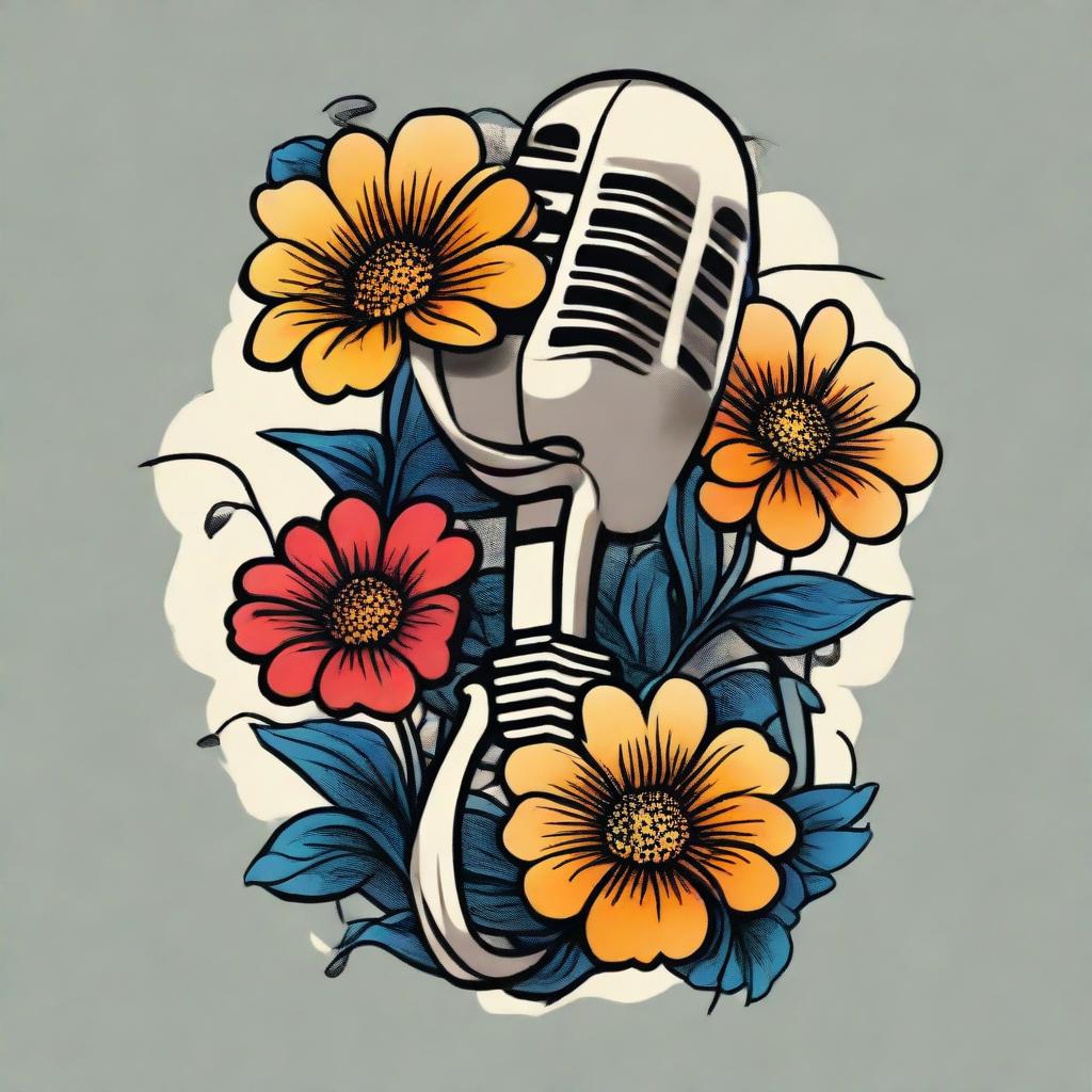 A traditional oldschool tattoo design featuring a vintage microphone, musical notes, and two daisies, all rendered in primary colors.