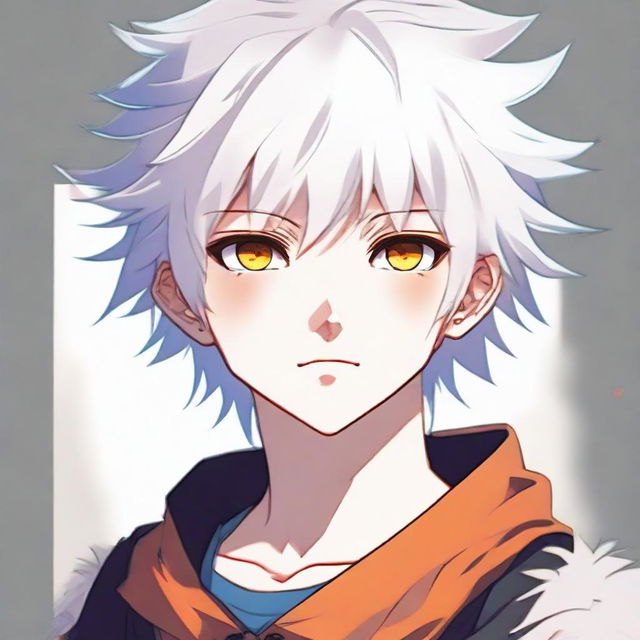 Anime style young boy with white fluffy hair and vibrant orange eyes. He has a cute, innocent expression.