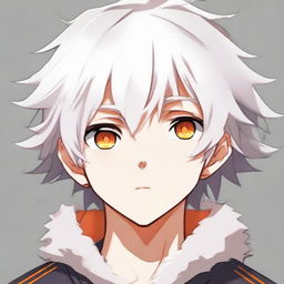 Anime style young boy with white fluffy hair and vibrant orange eyes. He has a cute, innocent expression.