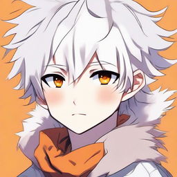 Anime style young boy with white fluffy hair and vibrant orange eyes. He has a cute, innocent expression.