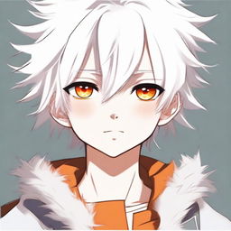 Anime style young boy with white fluffy hair and vibrant orange eyes. He has a cute, innocent expression.