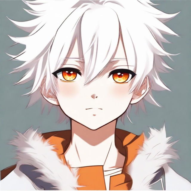 Anime style young boy with white fluffy hair and vibrant orange eyes. He has a cute, innocent expression.