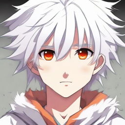 Anime style young boy with white fluffy hair and vibrant orange eyes. He has a cute, innocent expression.