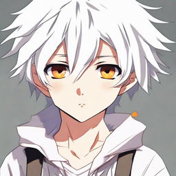 Anime style young boy with white fluffy hair and vibrant orange eyes. He has a cute, innocent expression.