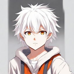 Anime style young boy with white fluffy hair and vibrant orange eyes. He has a cute, innocent expression.