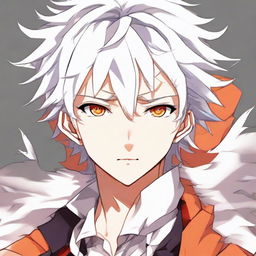 Anime style teen boy with white fluffy hair, vibrant orange eyes, and a 'strings' quirk, implying unique abilities