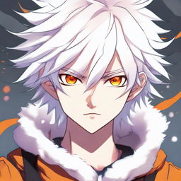 Anime style teen boy with white fluffy hair, vibrant orange eyes, and a 'strings' quirk, implying unique abilities