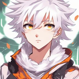 Anime style teen boy with white fluffy hair, vibrant orange eyes, and a 'strings' quirk, implying unique abilities