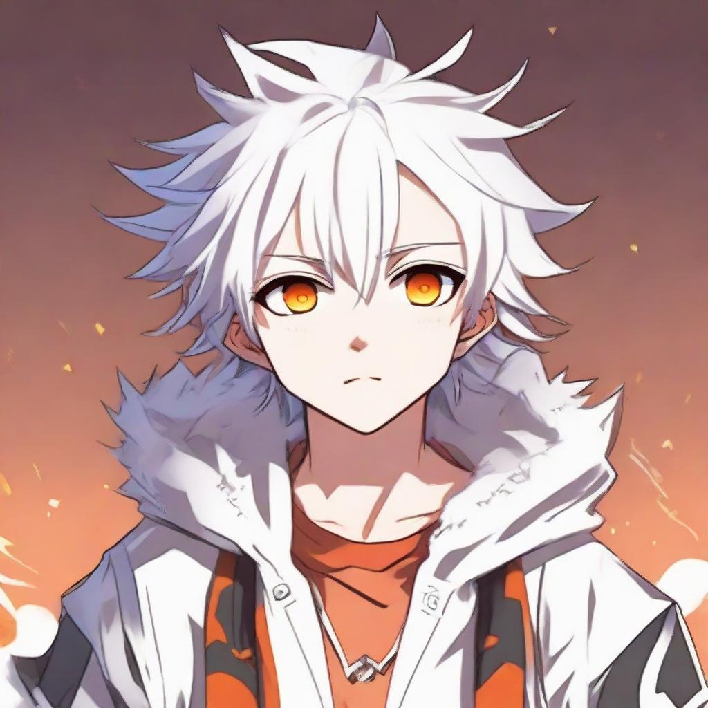 Anime style teen boy with white fluffy hair, vibrant orange eyes, and a 'strings' quirk, implying unique abilities