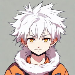 Anime style young boy with white fluffy hair, vibrant orange eyes exhibiting a playful smirk.