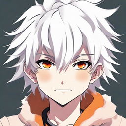 Anime style young boy with white fluffy hair, vibrant orange eyes exhibiting a playful smirk.