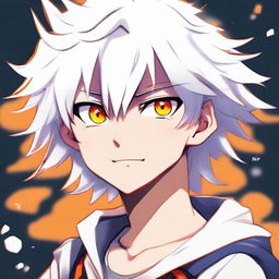 Anime style young boy with white fluffy hair, vibrant orange eyes exhibiting a playful smirk.