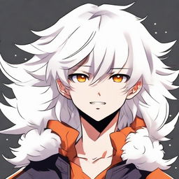 Anime style young boy with white fluffy hair, vibrant orange eyes exhibiting a playful smirk.