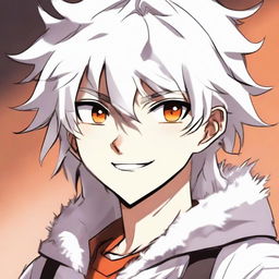 Anime style young boy with white fluffy hair, vibrant orange eyes exhibiting a playful smirk.