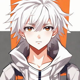 Anime style young boy with white fluffy hair, vibrant orange eyes exhibiting a playful smirk.