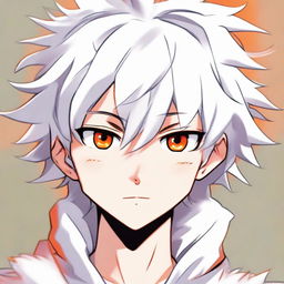 Anime style young boy with white fluffy hair, vibrant orange eyes exhibiting a playful smirk.