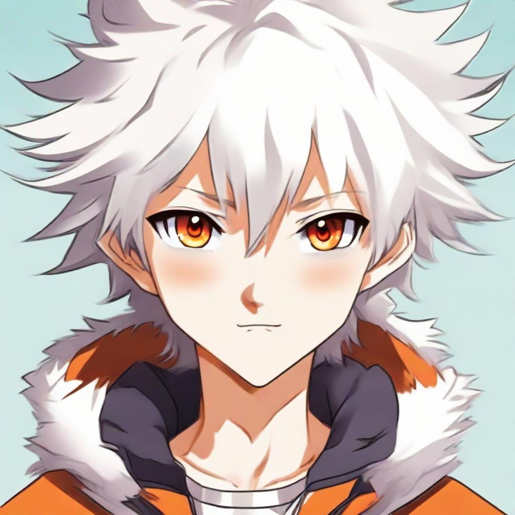 Anime style young boy with white fluffy hair, vibrant orange eyes exhibiting a playful smirk.