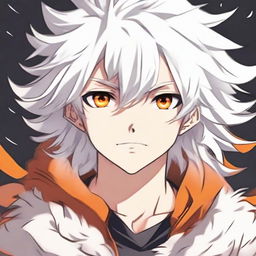 Anime style young boy with white fluffy hair and vibrant orange eyes smirking confidently.