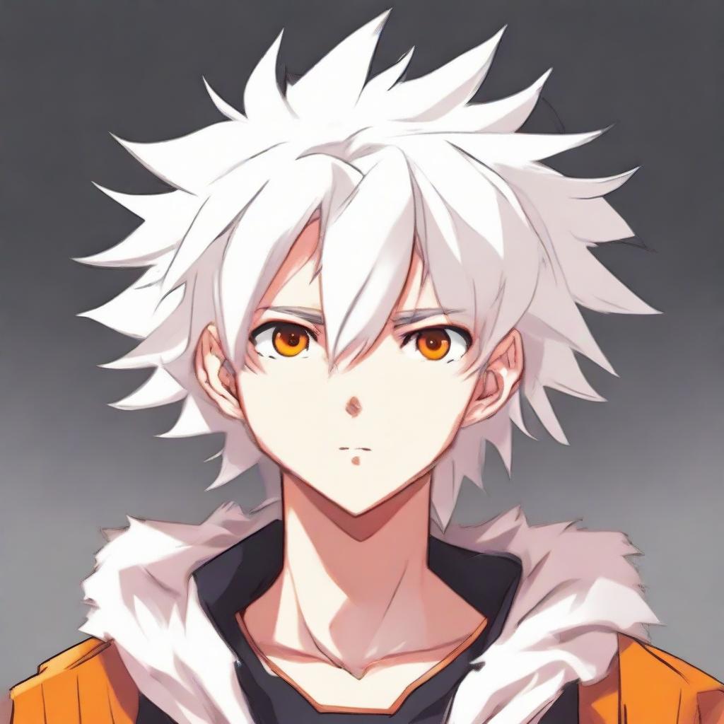 Anime style young boy with white fluffy hair and vibrant orange eyes smirking confidently.