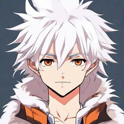 Anime style young boy with white fluffy hair and vibrant orange eyes smirking confidently.