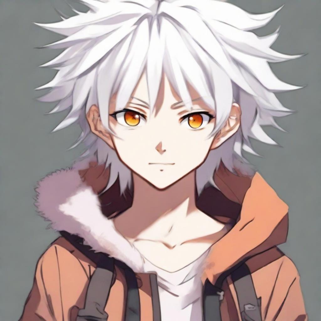 Anime style young boy with white fluffy hair and vibrant orange eyes smirking confidently.