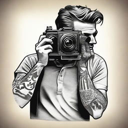 A tattoo design of a man looking through the viewfinder of an antique cinema camera while he self-films with a pistol.