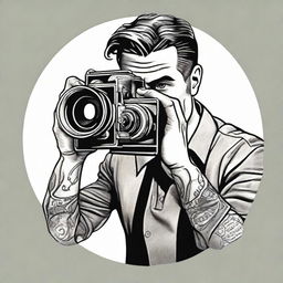 A tattoo design of a man looking through the viewfinder of an antique cinema camera while he self-films with a pistol.