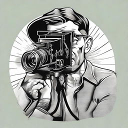 A tattoo design of a man looking through the viewfinder of an antique cinema camera while he self-films with a pistol.